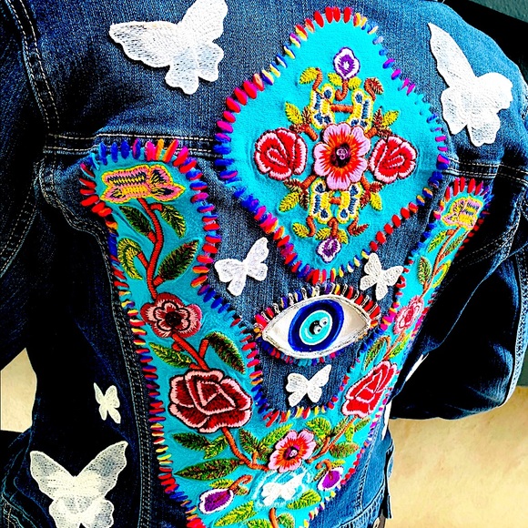 OOAK Hand Painted, Stitched & Embellished Denim Jacket - Picture 5 of 6